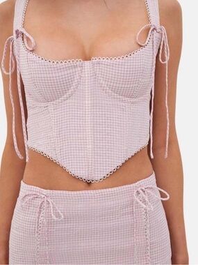 For Love & Lemons Pink Gingham Corset Top with Scallop Trim